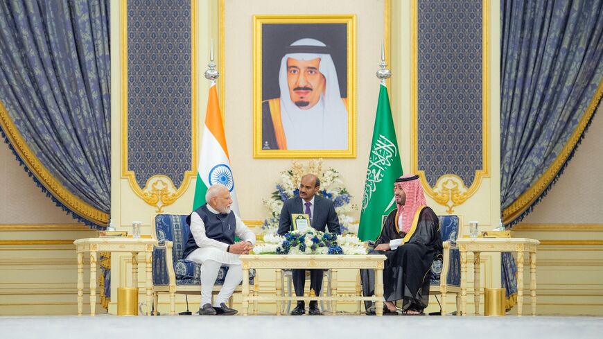 Saudi Crown Prince Mohammed bin Salman (R) meets Indian Prime Minister Narendra Modi at Al Salam Royal Palace, Jeddah, April 22, 2025.