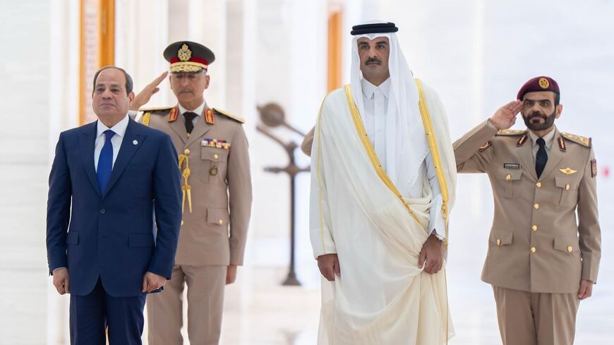 Egyptian President Abdel Fattah al-Sisi arrives in Doha on Sunday for an official visit and is welcomed by Qatari Emir Sheikh Tamim bin Hamad Al Thani upon his arrival.