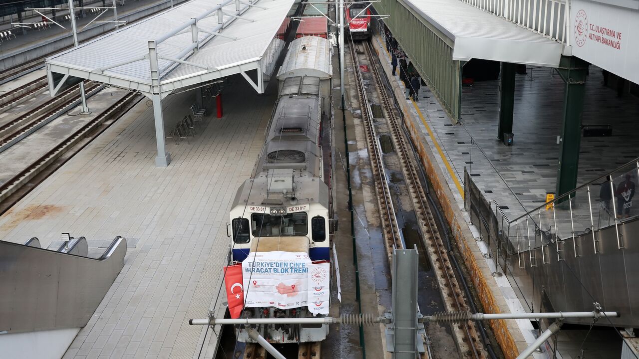 An export train to Russia and China leaves Ankara station, Jan. 29, 2021.